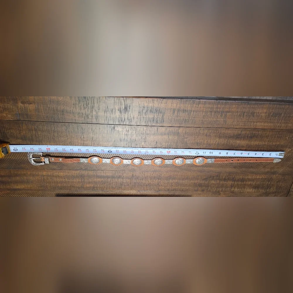 Western Leather Belt Hand Tooled Silver Buckle Conchos Made in USA 32" Unisex - Picture 7 of 8